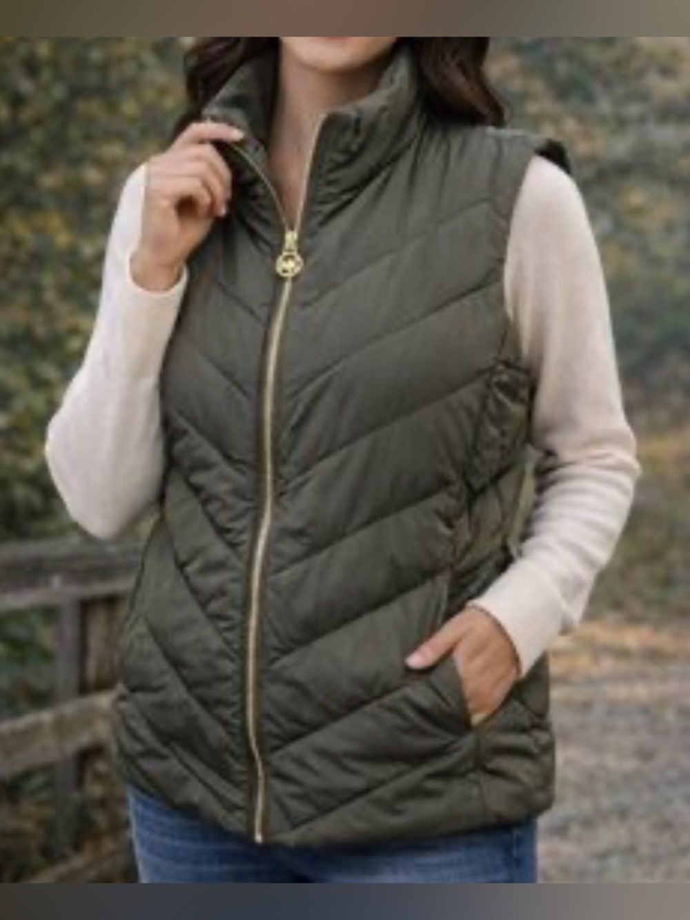 Michael Kors Olive Green Quilted Sleeveless Puffer Vest with Gold Zipper, Sz L